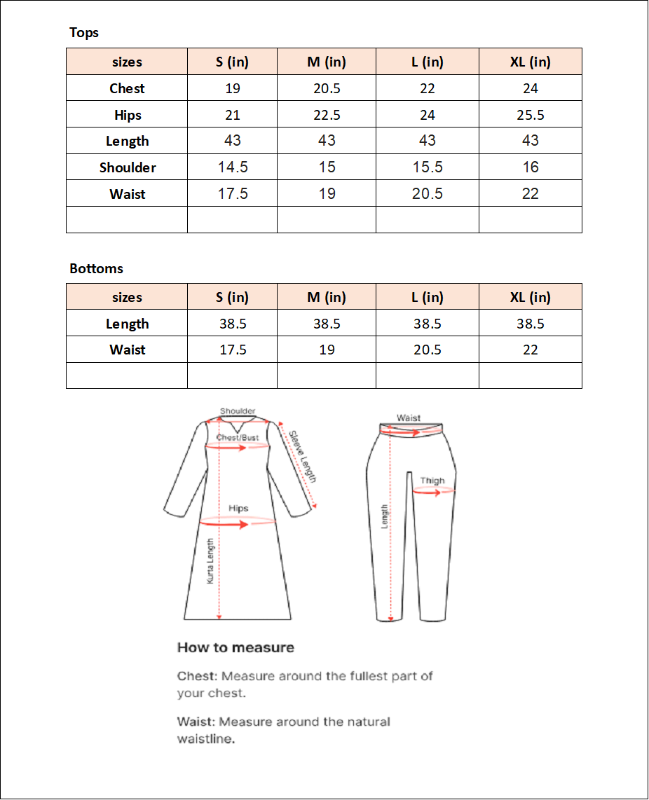 Size chart for Nurah-By Joray.pk