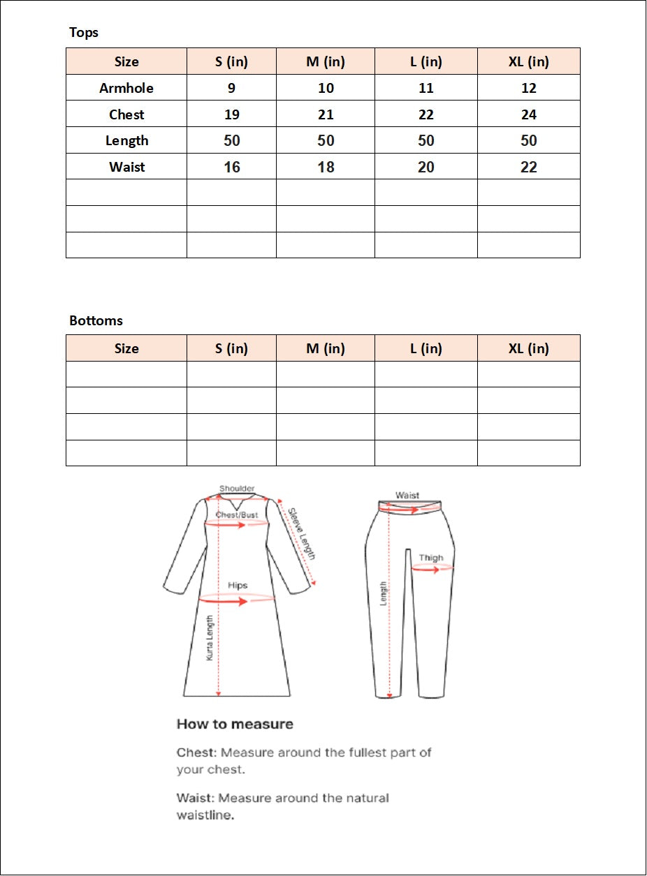 Size chart for White Mirage- By Joray.pk