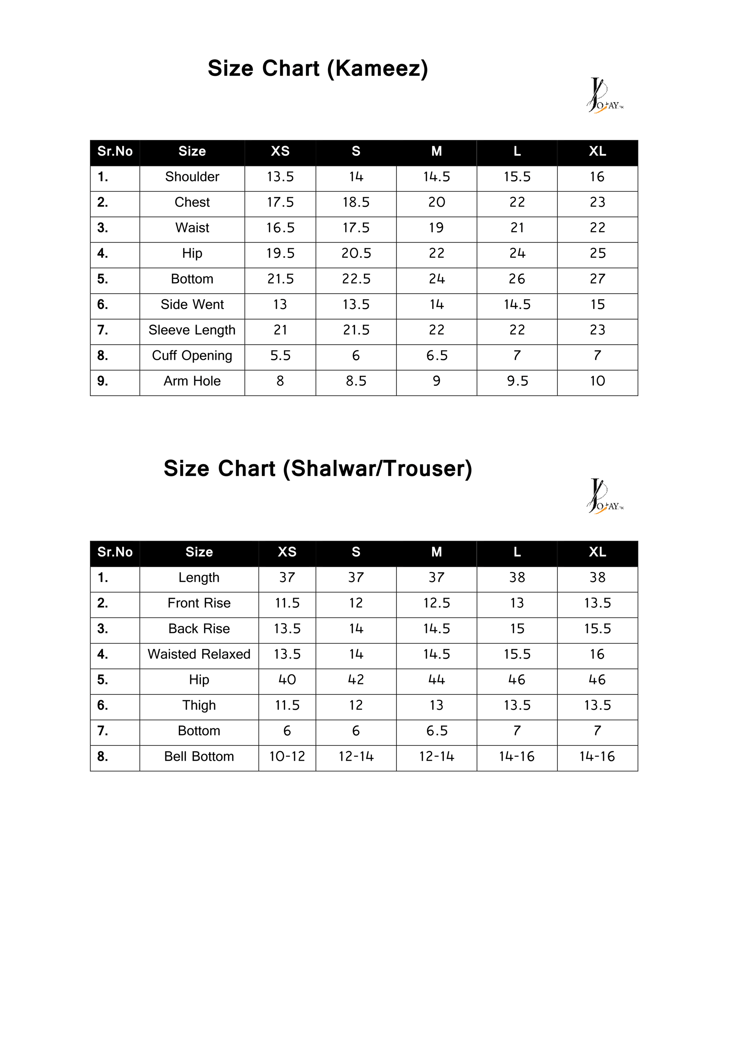 Size chart for Paras - Off White Outfit