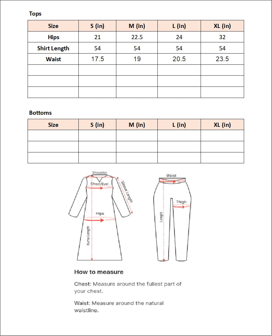 Size chart for Arabian Nights (Black)-Kaftan -By Joray.Pk