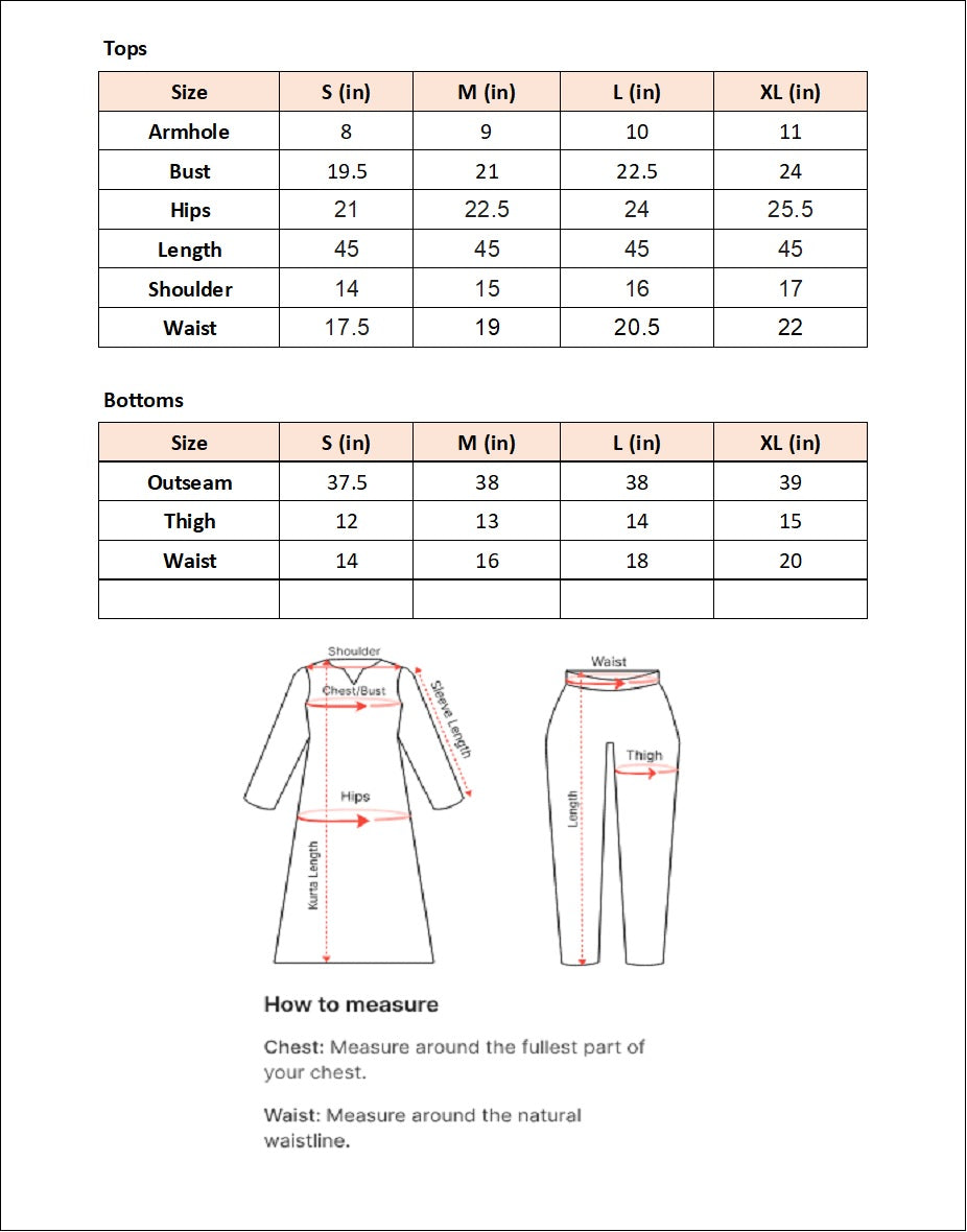 Size chart for Oasis Pink - By Joray.Pk